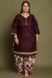 Wine Cotton Blend Printed Plus Size Ready to Wear Patiala Salwar Suit