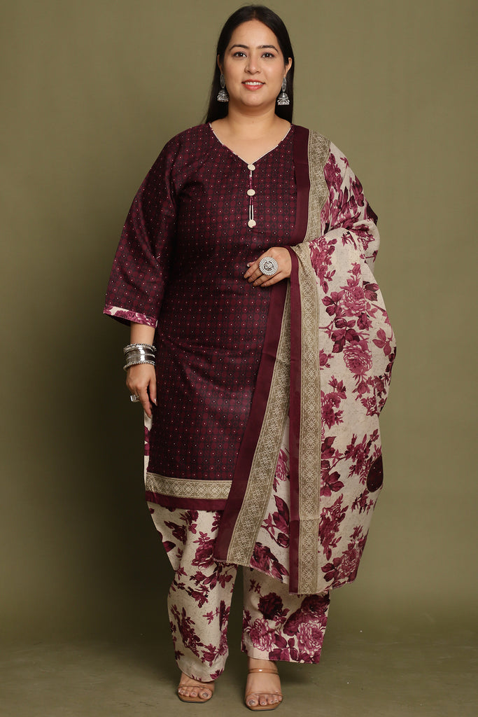 Wine Cotton Blend Printed Plus Size Ready to Wear Patiala Salwar Suit