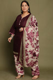 Wine Cotton Blend Printed Plus Size Ready to Wear Patiala Salwar Suit