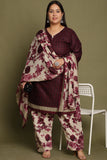 Wine Cotton Blend Printed Plus Size Ready to Wear Patiala Salwar Suit