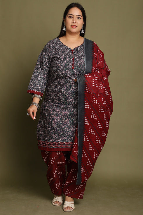Grey Cotton Blend Printed Plus Size Ready to Wear Patiala Salwar Suit