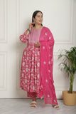 Pink Pure Cotton Jaipuri Printed & Embroidered Plus Size Kurta & Pant With Dupatta