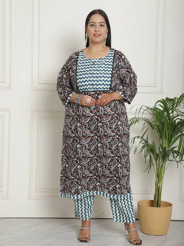 Multicolor Pure Cambric Cotton Printed Plus Size Kurta & Pant With Dupatta