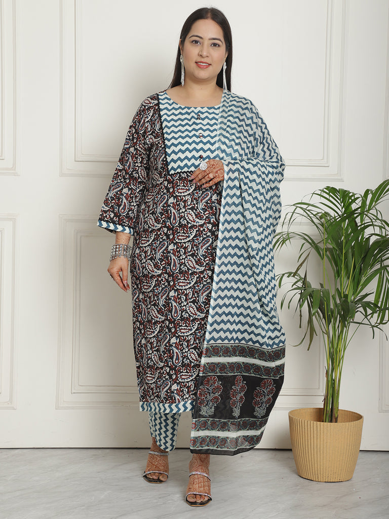 Multicolor Pure Cambric Cotton Printed Plus Size Kurta & Pant With Dupatta