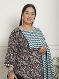 Multicolor Pure Cambric Cotton Printed Plus Size Kurta & Pant With Dupatta