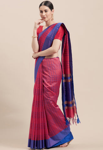 Magenta And Blue Cotton  Woven Traditional  Saree With Blouse Piece