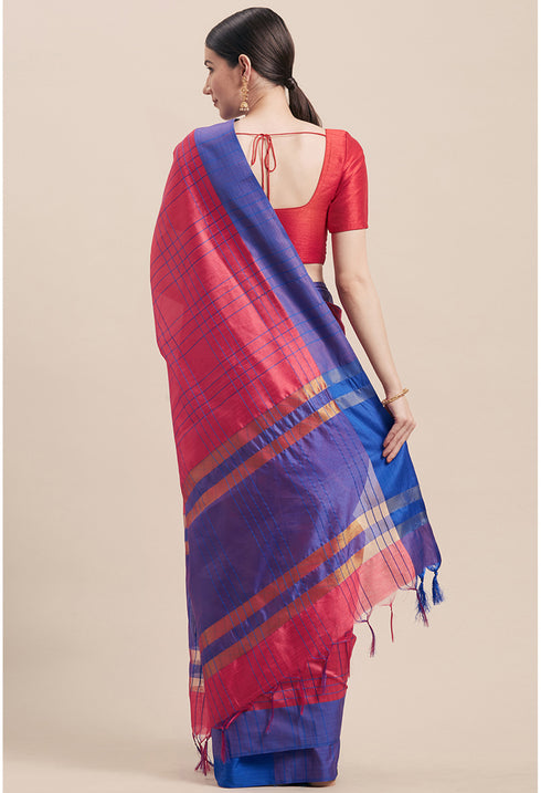 Magenta And Blue Cotton  Woven Traditional  Saree With Blouse Piece