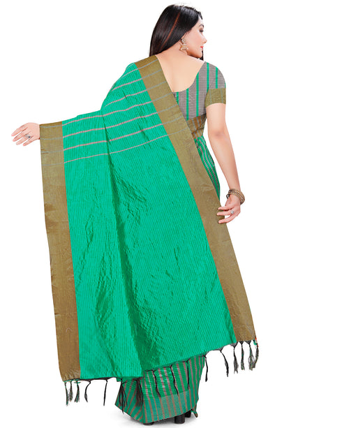 Teal And Grey Cotton Silk  Printed Traditional  Saree With Blouse Piece