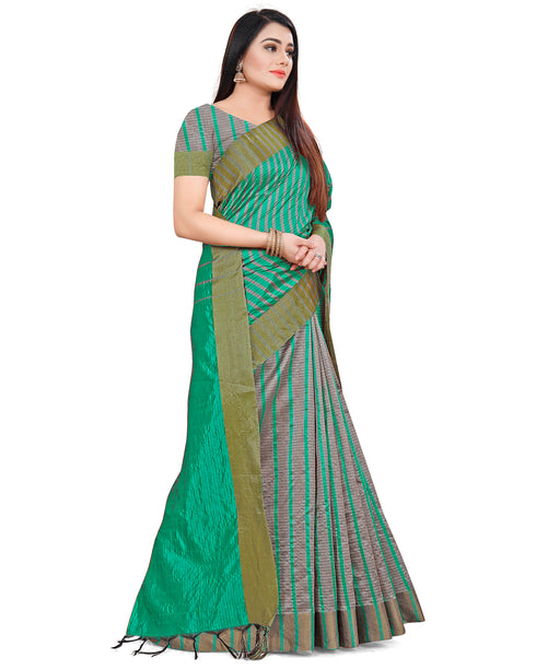 Teal And Grey Cotton Silk  Printed Traditional  Saree With Blouse Piece