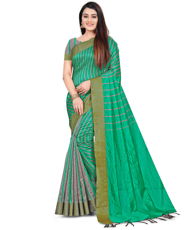 Teal And Grey Cotton Silk  Printed Traditional  Saree With Blouse Piece