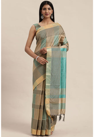 Green And Beige Cotton Silk  Printed Traditional  Saree With Blouse Piece