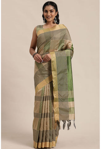 Parrot Green And Beige Cotton Silk  Printed Traditional  Saree With Blouse Piece