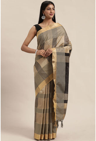 Black And Beige Cotton Silk  Printed Traditional  Saree With Blouse Piece