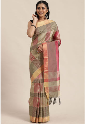 Pink And Beige Cotton Silk  Printed Traditional  Saree With Blouse Piece