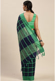 Navy Blue And Green Cotton Checks Printed Traditional  Saree With Blouse Piece