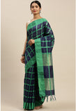 Navy Blue And Green Cotton Checks Printed Traditional  Saree With Blouse Piece