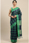 Navy Blue And Green Cotton Checks Printed Traditional  Saree With Blouse Piece
