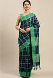 Navy Blue And Green Cotton Checks Printed Traditional  Saree With Blouse Piece