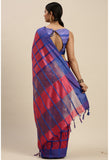 Magenta And Blue Cotton Checks Printed Traditional  Saree With Blouse Piece