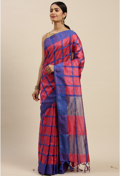 Magenta And Blue Cotton Checks Printed Traditional  Saree With Blouse Piece