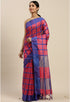 Magenta And Blue Cotton Checks Printed Traditional  Saree With Blouse Piece