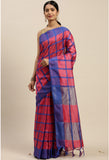 Magenta And Blue Cotton Checks Printed Traditional  Saree With Blouse Piece