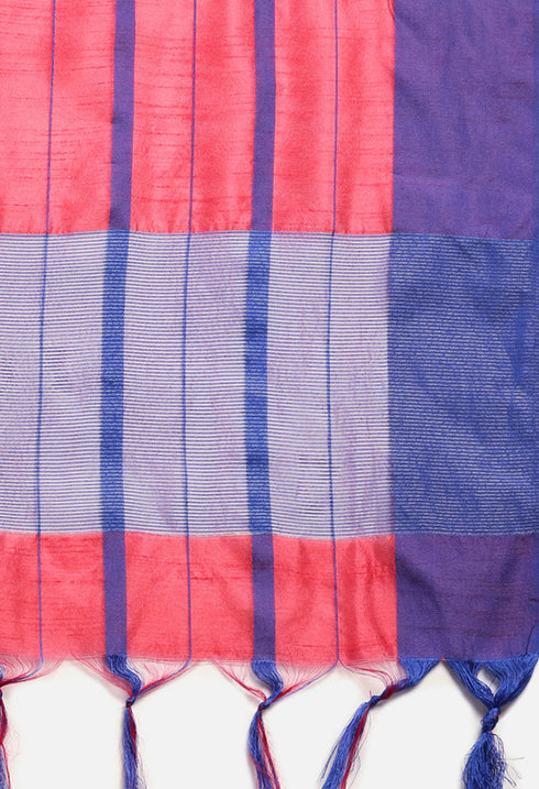 Magenta And Blue Cotton Checks Printed Traditional  Saree With Blouse Piece
