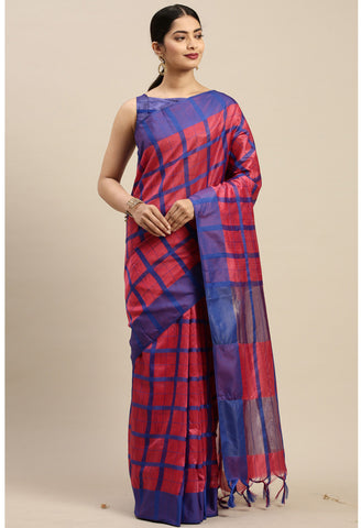 Magenta And Blue Cotton Checks Printed Traditional  Saree With Blouse Piece