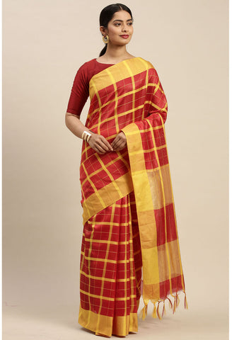 Red And Yellow Cotton Checks Printed Traditional  Saree With Blouse Piece