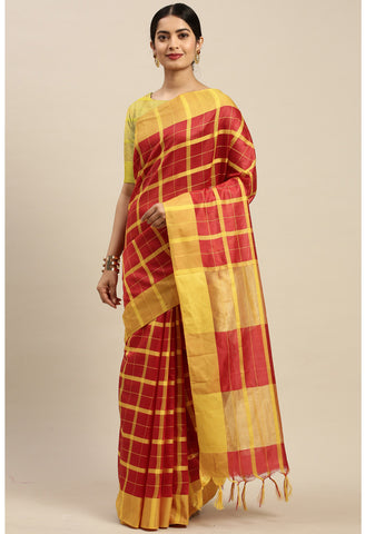 Red And Yellow Cotton Checks Printed Traditional  Saree With Blouse Piece