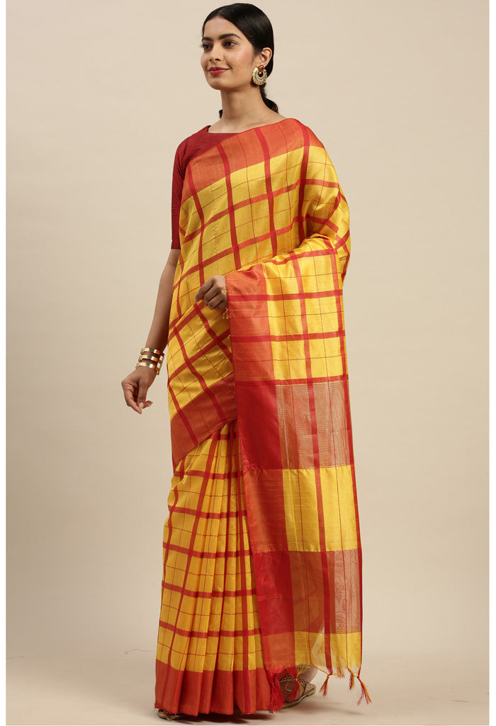 Yellow And Red Cotton Checks Printed Traditional  Saree With Blouse Piece