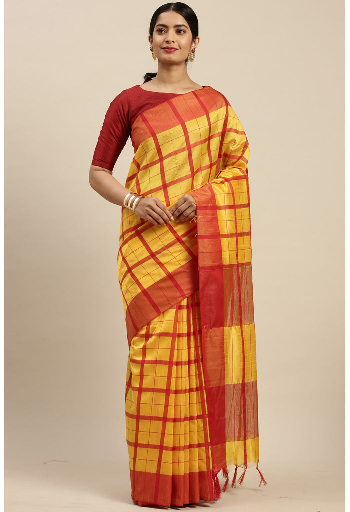 Yellow And Red Cotton Checks Printed Traditional  Saree With Blouse Piece