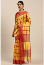 Load image into Gallery viewer, Yellow And Red Cotton Checks Printed Traditional  Saree With Blouse Piece
