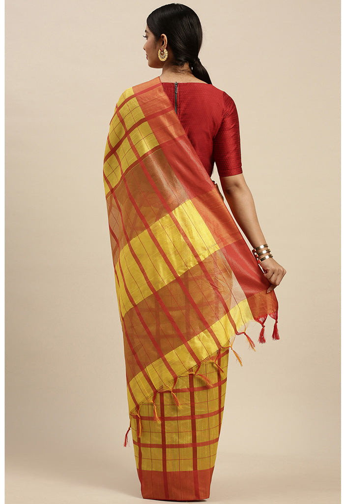 Yellow And Red Cotton Checks Printed Traditional  Saree With Blouse Piece