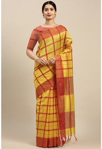 Yellow And Red Cotton Checks Printed Traditional  Saree With Blouse Piece