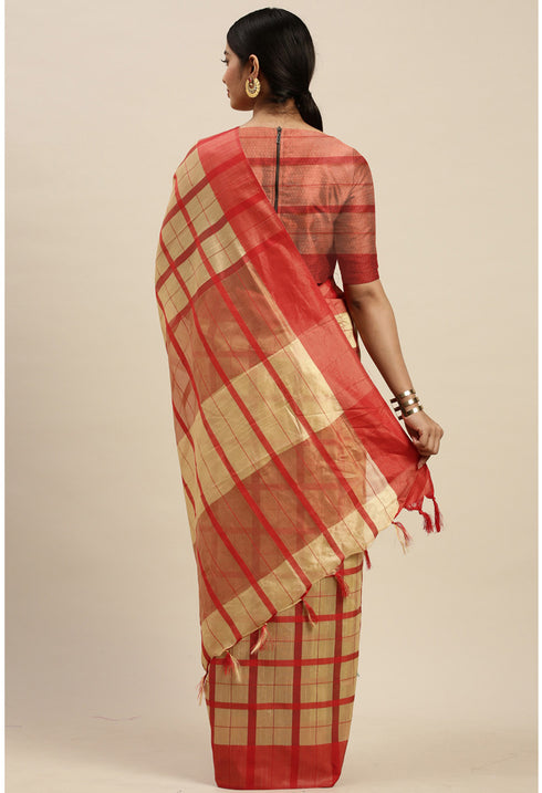 Beige And Red Cotton Checks Printed Traditional  Saree With Blouse Piece
