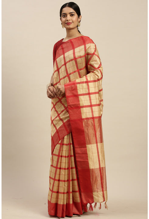 Beige And Red Cotton Checks Printed Traditional  Saree With Blouse Piece