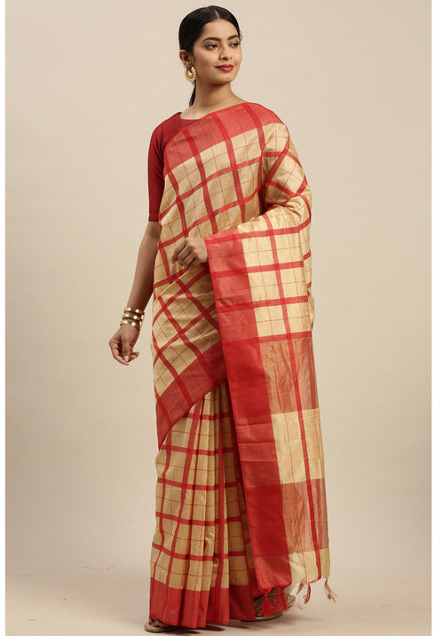 Beige And Red Cotton Checks Printed Traditional  Saree With Blouse Piece