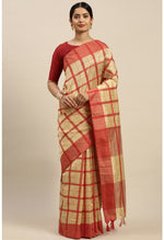 Load image into Gallery viewer, Beige And Red Cotton Checks Printed Traditional  Saree With Blouse Piece
