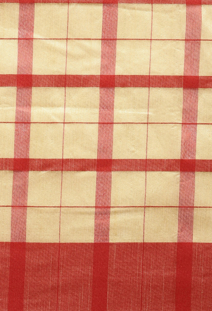 Beige And Red Cotton Checks Printed Traditional  Saree With Blouse Piece