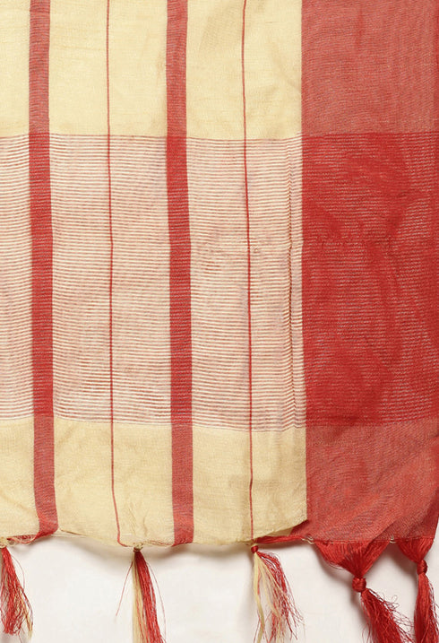 Beige And Red Cotton Checks Printed Traditional  Saree With Blouse Piece