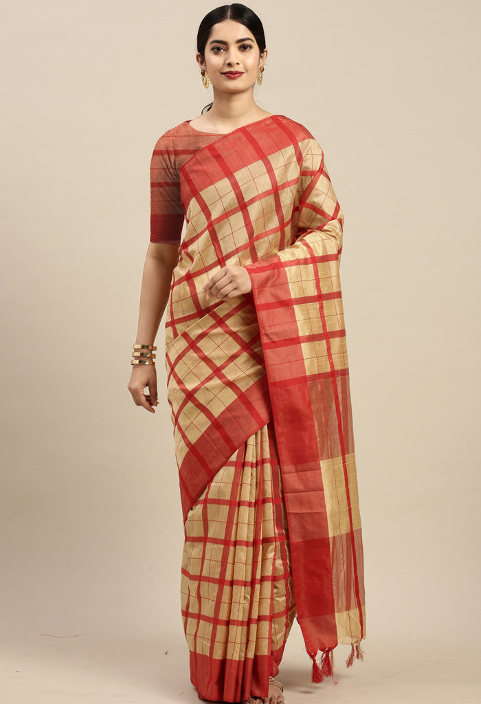 Beige And Red Cotton Checks Printed Traditional  Saree With Blouse Piece