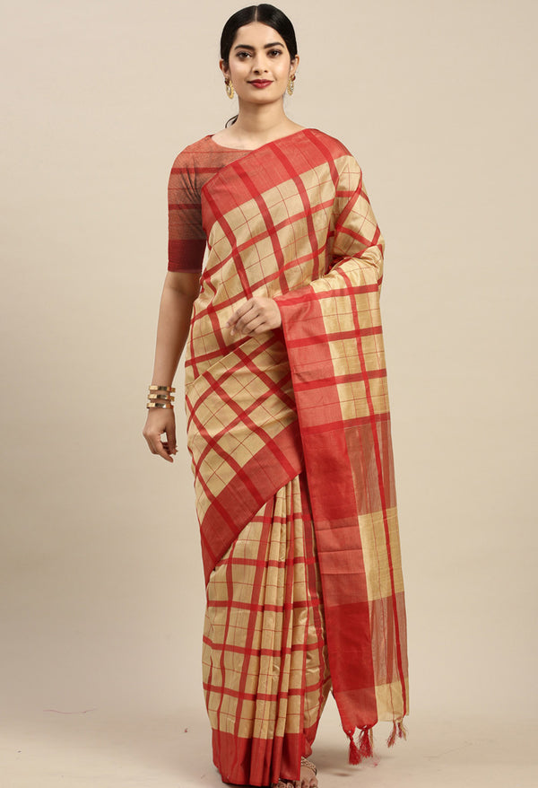 Beige And Red Cotton Checks Printed Traditional  Saree With Blouse Piece