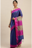 Blue Cotton Striped Printed Traditional  Saree With Blouse Piece