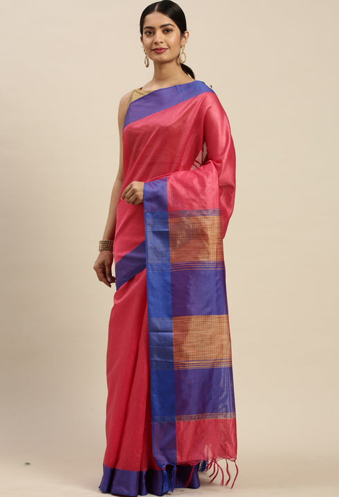 Pink Cotton Striped Printed Traditional  Saree With Blouse Piece