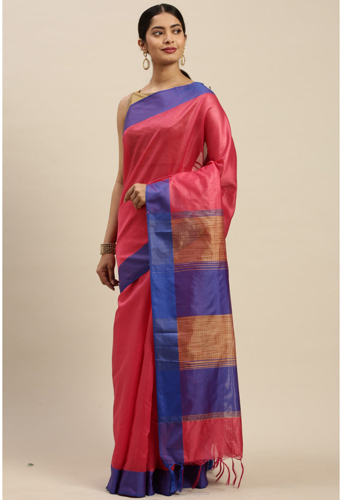 Pink Cotton Striped Printed Traditional  Saree With Blouse Piece