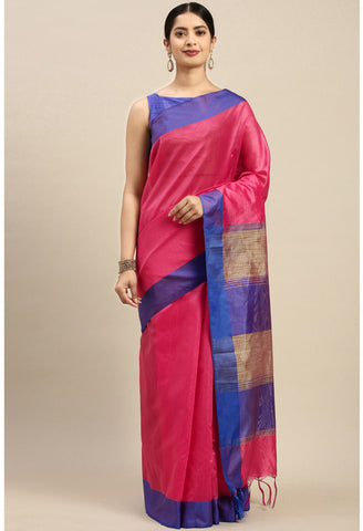 Pink Cotton Striped Printed Traditional  Saree With Blouse Piece