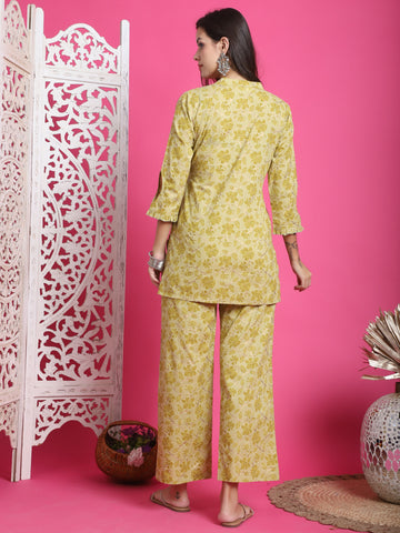 Lime Yellow Pure Cotton Foil Printed Co-ords