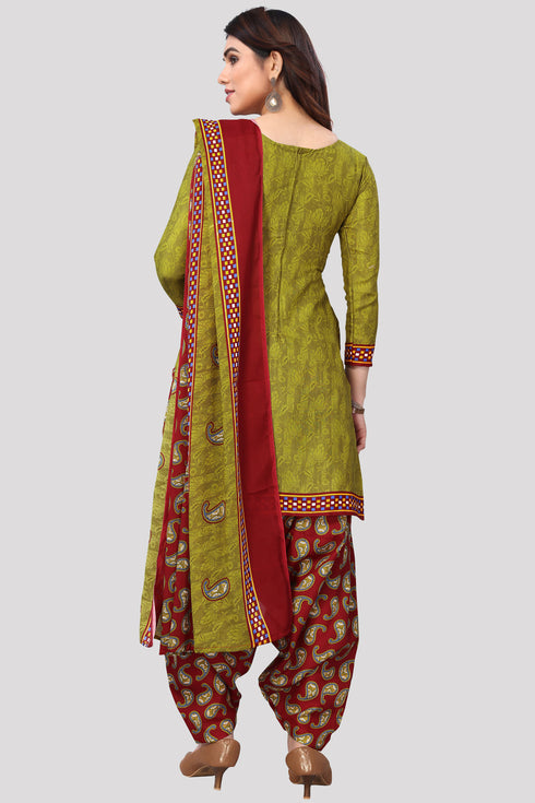 Mahendi Green Cotton Blend Printed Unstitched Salwar Suit Material