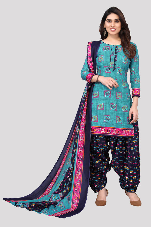 Sky Blue Cotton Blend Printed Unstitched Salwar Suit Material